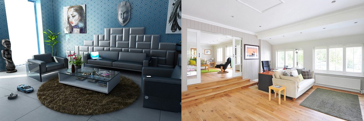 concrete floor tiles and blue and grey decor single level living room on left. On right. split level white decor living room with hardwood flooring